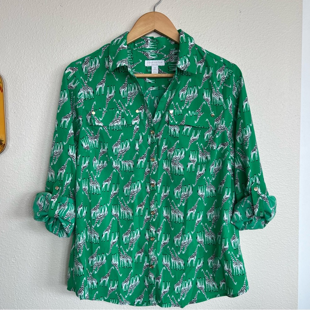 Charter Club Green Zebra Print Button Down Shirt